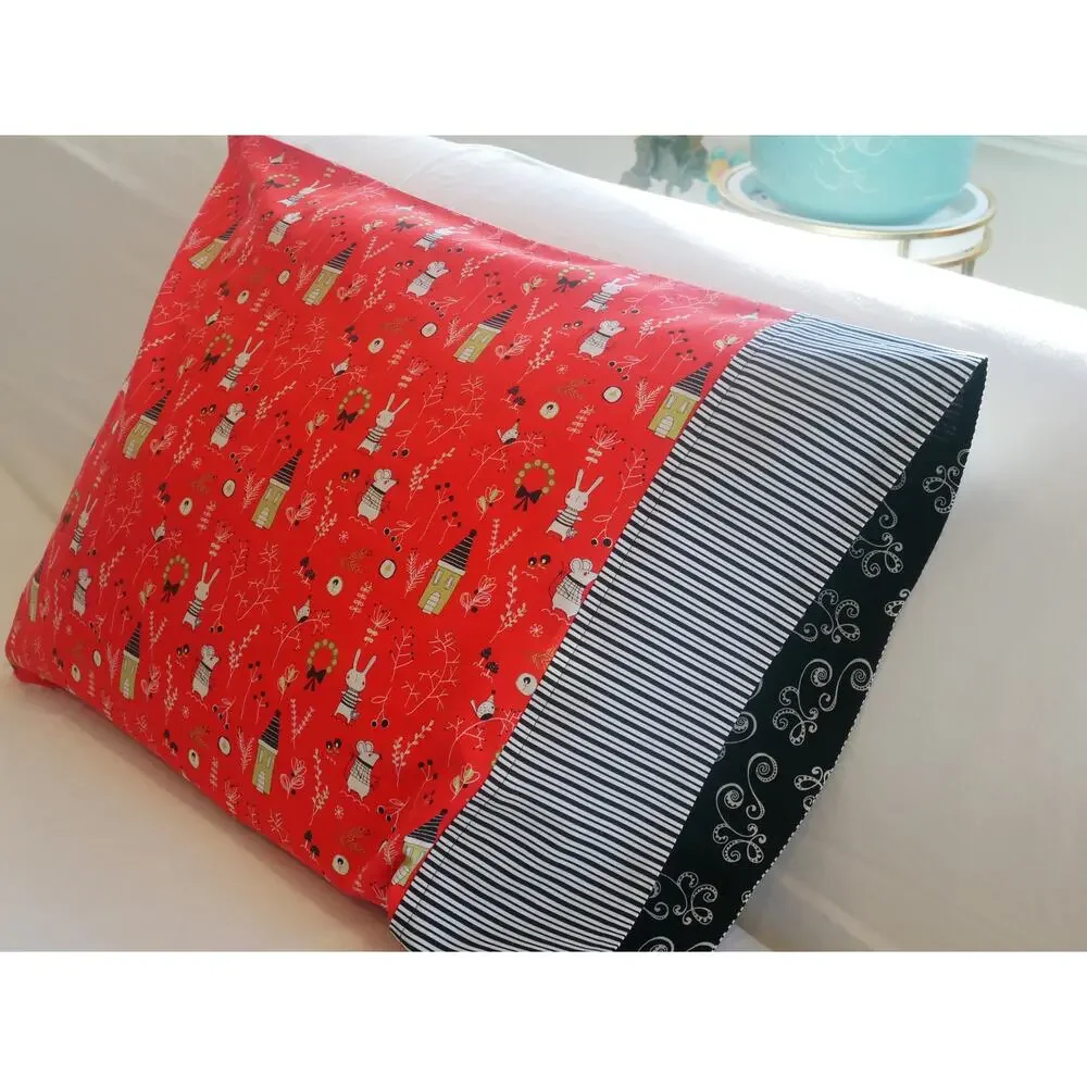 Christmas Critters Pillowcases: Red Cotton Standard Size Pillow Covers